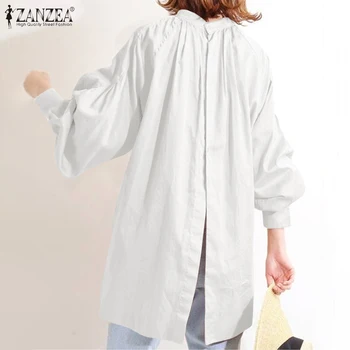ZANZEA las Mujeres Elegantes de Largo Puff Manga de la Blusa de la Primavera Sólido Suelta Camisa Casual de nuevo Split Blusas Femeninas OL superficies de Trabajo Chemise 2021