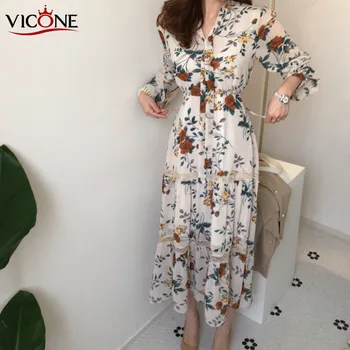 VICONE Chic Retro de las Mujeres Vestido de Verano de 2020 Casual de Manga Larga de estilo Boho de la Impresión Floral Vestido de Vendaje Vestidos Elegantes