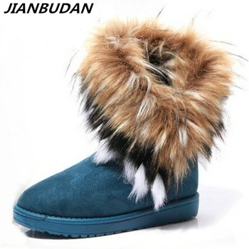 JIANBUDAN botas altas de piel Artificial botas de las mujeres calientes de Imitación de piel de zorro plana de nieve botas de Invierno cálido de Felpa de Algodón botas