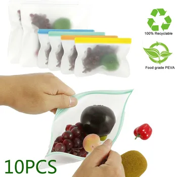 10pcs Alimentos Frescos Bolsas Reutilizables de Silicona Bolsas Ziplock Estanco Refrigerador Saran Wrap Transparente de Bolsillo para la Herramienta de Cocina