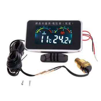 12V/24V del Coche del LCD de Agua Medidor de Temperatura Termómetro Voltímetro Medidor de 2in1 temperatura y Medidor de Voltaje Sensor de 17mm