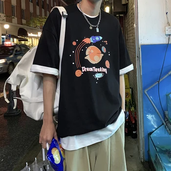 Fresco en Verano Suelto Hombres camisetas de Manga Corta O-cuello de la Calle Hip Hop camiseta de Harajuku Tierra Impreso coreano Elegante de Alta Calidad Par
