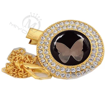 MIYOCAR hermoso símbolo único de oro bling chupete clip de chupete titular símbolo negro con cadena de oro ficticio clip LS-GB