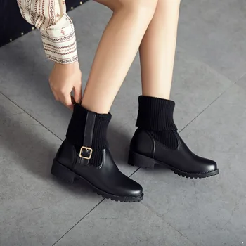 Gran Tamaño de Dulce roundheaded lowheeled de lana de botas de blanco, botas negras, botas de moda casual
