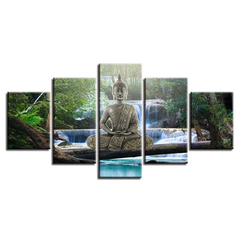 Arte HD Impresión de Decoración 5 Piezas de Oro de Buda Meditación de la Cascada de Pinturas de Paisajes Modular Lienzo Cuadros Para la Pared de la Sala