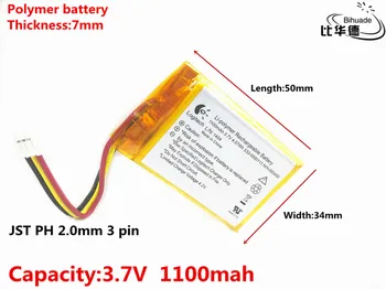 JST PH de 2.0 mm 3 pin Litro de energía de la batería 3.7 V,1100mAH,703450 de Polímero de litio ion / Li-ion de la batería de JUGUETE,BANCO de POTENCIA,GPS,mp3,mp4