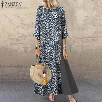 Más el Tamaño de las Mujeres del Vestido Maxi 2021 ZANZEA Verano Sexy Leopardo Impreso de Retazos de la Playa Vestido de S-5XL Casual Suelto Vestidos de Fiesta