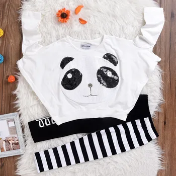 Niño Niños Niñas ropa Panda de Lentejuelas Tops T-shirt+Rayas Arco Pantalones Ropa Setroupas infantis 3T-7T chándal para niñas