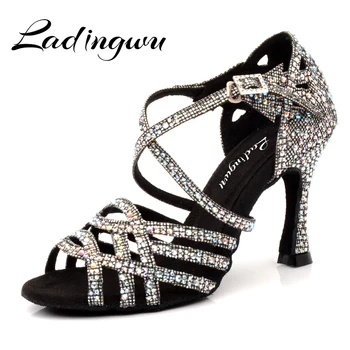 Ladingwu Zapatos De Baile Professiona Dama Negro Zapatos de Baile Negro a cuadros flash de Alta Talón de Salsa de Baile latino de diamante de imitación de la Danza