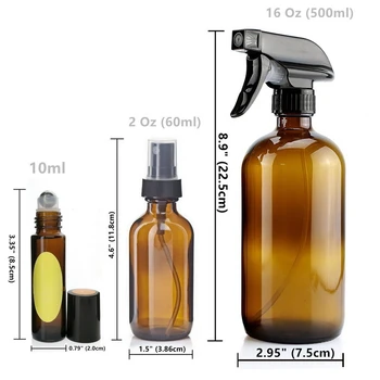14 Pack de Vacío de Vidrio Marrón de la Botella de Spray w/ 6-10 ml Roll en Botella de 6-60 ml y 2-500ml Rociador de la Botella de aceite Esencial de Limpieza Ámbar