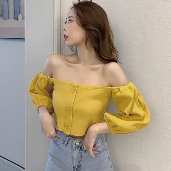 Liva Muchacha de las Mujeres t-Shirts coreano de Color Sólido de la Camiseta de la Barra de Cuello Sexy Ombligo de punto de la Manga Un Tamaño Superior Camiseta Vetements Femmes