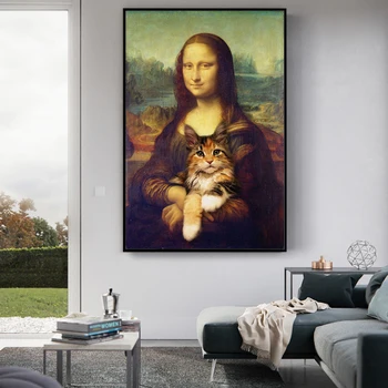 Mona Lisa la Celebración de la Divertida del Gato de Arte Pinturas en Lienzo Sobre el Arte de la Pared Carteles Y Grabados Da Vinci obras de Arte Famosas Fotos de Cuadros