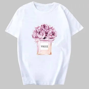 Ropa de mujer Camiseta Print de Flores Botella de Perfume Dulce de Manga Corta T camisa de Harajuku Mujer T-camisa de Vogue Superior,la Nave de la Gota