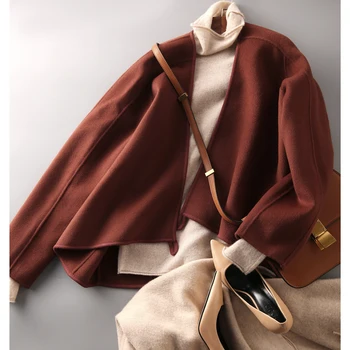 De doble cara abrigo de lana con irregular envolver vintage abrigo de invierno abrigo de lana para las mujeres 2020 chaquetas para mujer V-Cuello
