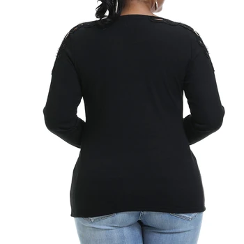 6XL de los Hombros Fuera de Abalorios camiseta de las Mujeres Más el Tamaño de la Elegante Slim Señoras Tops de Otoño de Manga Larga de Abalorios Camisetas de Mujer camisas Q30