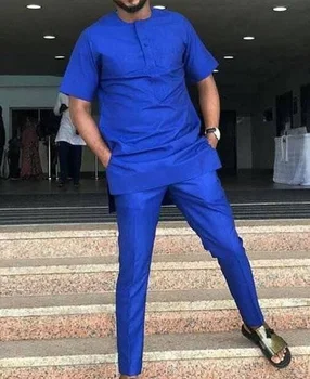 La Moda africana Sólido de los Hombres de Traje de Novio Royal Blue Tops+Pantalones encargo de Hombre de Manga Corta Dashiki Camisa Y Pantalón de Conjuntos