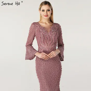 Musulmán de Lujo de color Rosa de manga Larga Vestidos de Noche de Perlas de Cristal de Encaje Formal Vestidos de 2020 de Dubai Serena Colina Más el Tamaño de BLA60813
