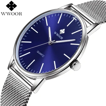 WWOOR de la Marca de Lujo de los Hombres Relojes Simple Slim Analógico de Cuarzo reloj de Pulsera de Plata de Acero de Malla Impermeable Delgada Masculino Reloj de Pulsera con Esfera Azul