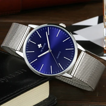 WWOOR de la Marca de Lujo de los Hombres Relojes Simple Slim Analógico de Cuarzo reloj de Pulsera de Plata de Acero de Malla Impermeable Delgada Masculino Reloj de Pulsera con Esfera Azul