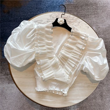 TWOTWINSTYLE Elegante Flojo de las Mujeres Camisa de Cuello V de Hojaldre Túnica Corta de Patchwork Volantes Blusa Femlae Ropa 2020 de la Moda de Primavera