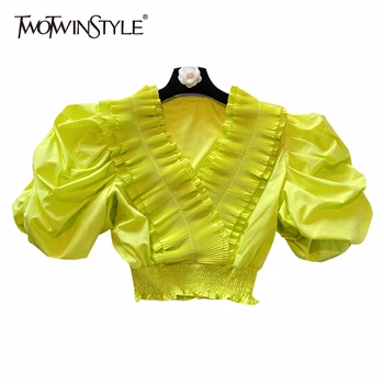 TWOTWINSTYLE Elegante Flojo de las Mujeres Camisa de Cuello V de Hojaldre Túnica Corta de Patchwork Volantes Blusa Femlae Ropa 2020 de la Moda de Primavera