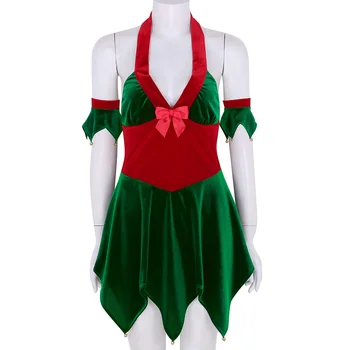 TiaoBug Mujeres Suave Terciopelo Halter De Navidad Elf Traje De Disfraces Brazo Puños Conjunto Femenino De Navidad Traje De Cosplay Vestido De Fiesta Hasta