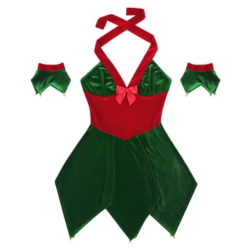 TiaoBug Mujeres Suave Terciopelo Halter De Navidad Elf Traje De Disfraces Brazo Puños Conjunto Femenino De Navidad Traje De Cosplay Vestido De Fiesta Hasta