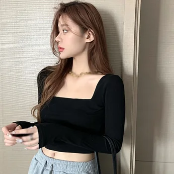 Mujeres T-Shirts Coreano De Color Sólido De La Plaza De Collar Casual Slim Tops Femeninos Expuestos En El Ombligo De Manga Larga Tocando Fondo Camisa De T De La Parte Superior