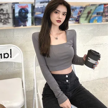 Mujeres T-Shirts Coreano De Color Sólido De La Plaza De Collar Casual Slim Tops Femeninos Expuestos En El Ombligo De Manga Larga Tocando Fondo Camisa De T De La Parte Superior