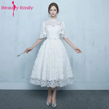 La belleza de Emily Una línea Blanca de Encaje Vestidos de Noche 2019 O Cuello Largo Vestido de Noche Formal de la Mitad de Manga Fiesta de Baile Fiesta Formal Vestidos de