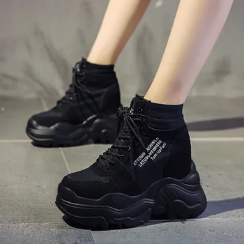 2020 Otoño Botas de las Mujeres de la Plataforma de Zapatillas de 12 CM de Aumento de Altura del Tobillo Botas de Suela Gruesa Transpirable Zapatos de Lona Mujer
