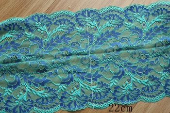 22cm de ancho 2 yds/lot, Verde + azul hecho a Mano del Pelo de la Decoración de Elástico Ancho Tramo de Encaje de la boda vestido de falda de encaje