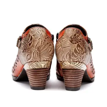 Johnature De Cuero Genuino Retro Zapatos De Tacón Alto De Las Bombas De Las Mujeres Zapatos De Dedo Del Pie Redondo Casual Ziper Pintados A Mano En Los Huecos Hechos A Mano Zapatos De Las Señoras
