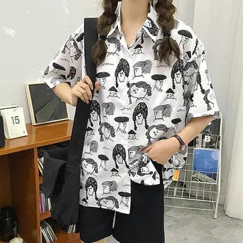 ROPALIA Dulce de Impresión de dibujos animados de las Mujeres Blusas Camisa Suelta de Manga Corta de Verano de la Camisa de las Señoras de la Impresión Blusa