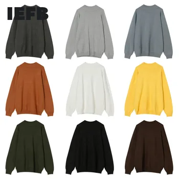 IEFB coreana de Ropa de Moda Otoño Invierno Nuevo Medio Cuello Alto Kint Suéter Para Hombres Slim Fit Color Sólido Kintwear Pullover