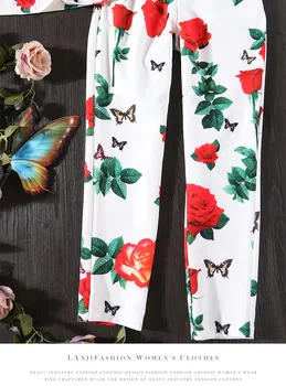 Las Mujeres de la moda de los Pantalones Trajes Vintage Retro de la Impresión Floral de la Rosa Blusas Tops + Mujer Primavera Verano Elegante Fiesta de Traje de Pantalones NS949