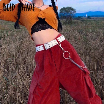 Sombra Negrita Grunge, Indie Ropa Estética Pantalones De Carga De La Cadena De Bolsillo Rojo De Pana De La Mujer Pantalones De Calle Harajuku Pantalones 2020