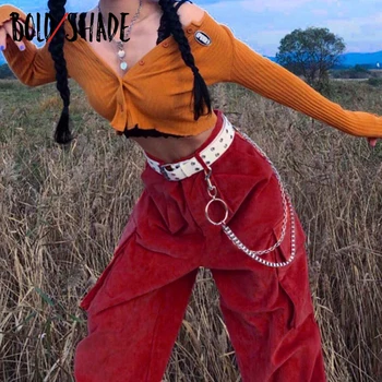 Sombra Negrita Grunge, Indie Ropa Estética Pantalones De Carga De La Cadena De Bolsillo Rojo De Pana De La Mujer Pantalones De Calle Harajuku Pantalones 2020