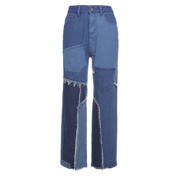 Cintura Alta Patchwork De Algodón Y2k Mom Jeans De Mujer Angustiada Color Bloqueado Pierna Recta Pantalones Vaqueros Otoño 2020 Ropa Streetwear