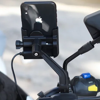 De aluminio Cargador USB de la Motocicleta de la Bici de la Bicicleta del Manillar Espejo Retrovisor Titular del Teléfono para 4-6.5 pulgadas del Teléfono Celular de GPS Soporte de Montaje