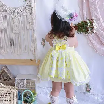 0-6Y Verano Vintage Amarillo de Encaje Princesa Lolita española de Pavo Vestido de Bola del Arco sin Mangas Vestido de Fiesta de Cumpleaños Para las Niñas de Bebé Lindo