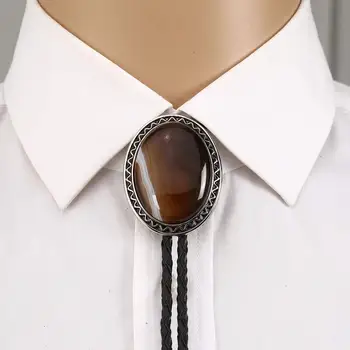 Nuevo diseño de color marrón agateoxny corbata bolo para hombre de Indio, vaquero occidental vaquera cuerda de cuero de aleación de zinc corbata forma Ovalada de la onda lado