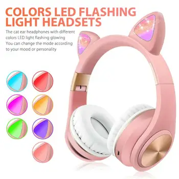 Cat Ear Bluetooth 5.0 Auriculares LED con Cancelación de Ruido Niñas, Niños Lindos Auriculares Apoyo TF Tarjeta de Jack de 3,5 mm de Micrófono Inalámbrico de Auriculares