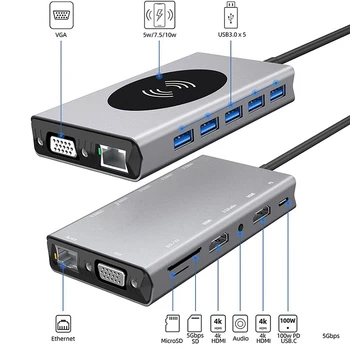 USB Portátil de la Estación de Acoplamiento 13 14in1 Triple Pantalla HDMI de Tipo C-compatible VGA PD SD TF Ethernet USB Tipo C HUB Para Macbook pro