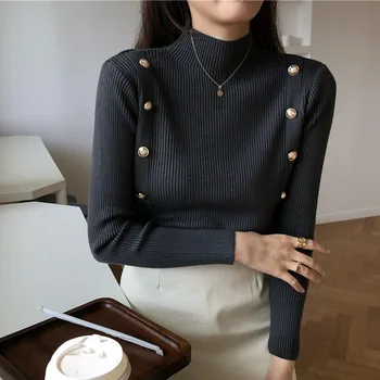 Retro de la Vendimia de las Mujeres de Moda de Diseño de Botón de Topes Pullover Con la Mitad de Cuello alto Suéter Delgado Suéter Femenino Superior