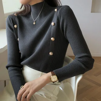 Retro de la Vendimia de las Mujeres de Moda de Diseño de Botón de Topes Pullover Con la Mitad de Cuello alto Suéter Delgado Suéter Femenino Superior