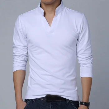 2020 elástica hombres del V-cuello de manga larga T-shirt para hombres casual de stand-up collar de hombres de camiseta de algodón T-shirt ropa de hombre