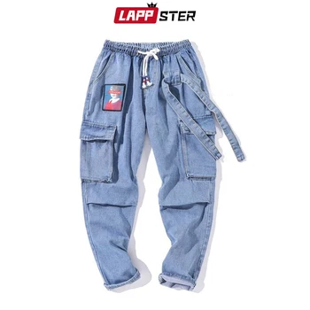 LAPPSTER coreano Fashoins Streetwear Pantalones Vaqueros 2020 Cintas de Harajuku Holgados pantalones Vaqueros de Alta Calidad Par de Bolsillos de Denim Azul Pantalones