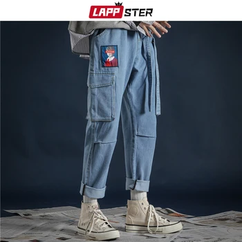 LAPPSTER coreano Fashoins Streetwear Pantalones Vaqueros 2020 Cintas de Harajuku Holgados pantalones Vaqueros de Alta Calidad Par de Bolsillos de Denim Azul Pantalones