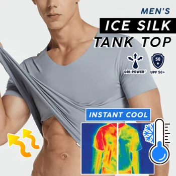 Los hombres de Hielo de Seda de secado Rápido T-shirt de Manga Corta de Cuello en V del Color Sólido sin fisuras Transpirable Superior NYZ Tienda